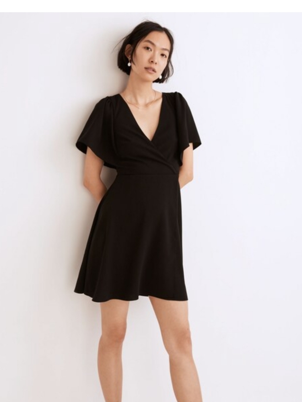 Madewell Black Midi Dress with Flutter Sleeves and V-Neck